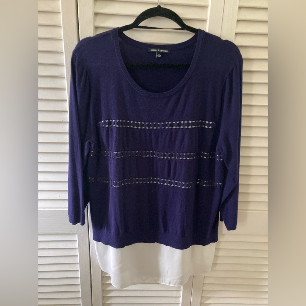 Beautiful Navy Cable and Gauge with white blouse lining underneath  Sz XL .